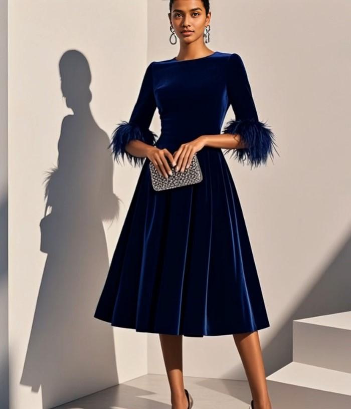 Elegant A-Line Crew Neck Half Sleeve Zipper Up Tea-Length Prom Dress